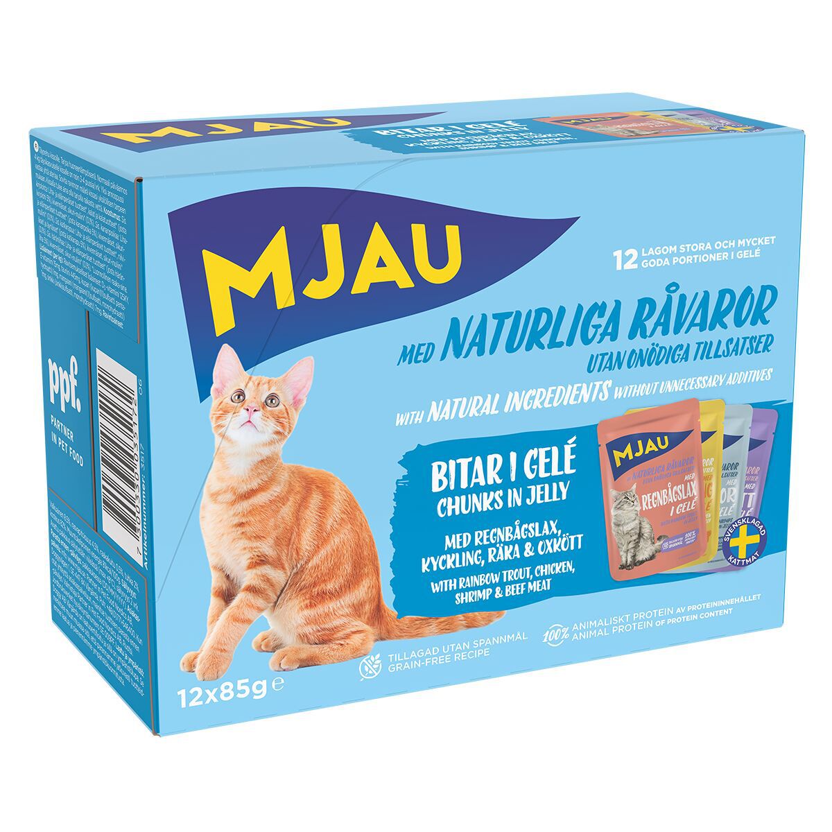 Mjau Multipack Kjøtt- og fiskesmaker i gelé - Våtfôr til katt