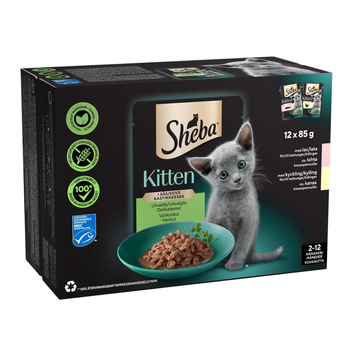 Sheba Kitten Våtfôr for Kattunger med Laks eller Kylling 12x85 g - Kattungemat
