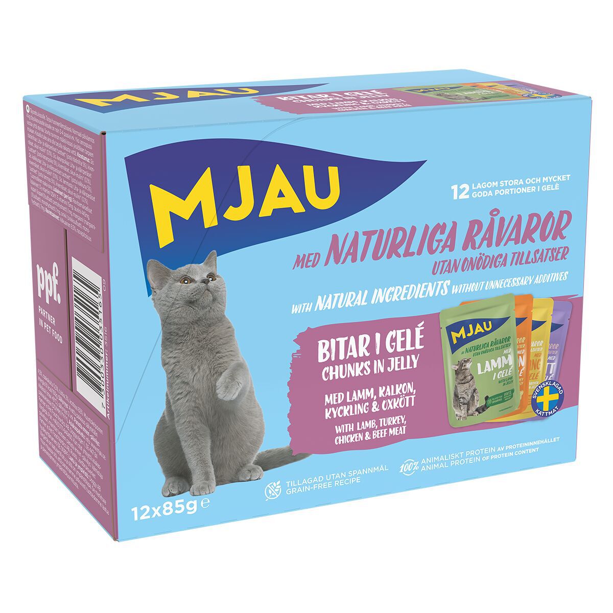 Mjau Multipack Kjøttsmaker i gelé 12x85 g - Våtfôr til katt