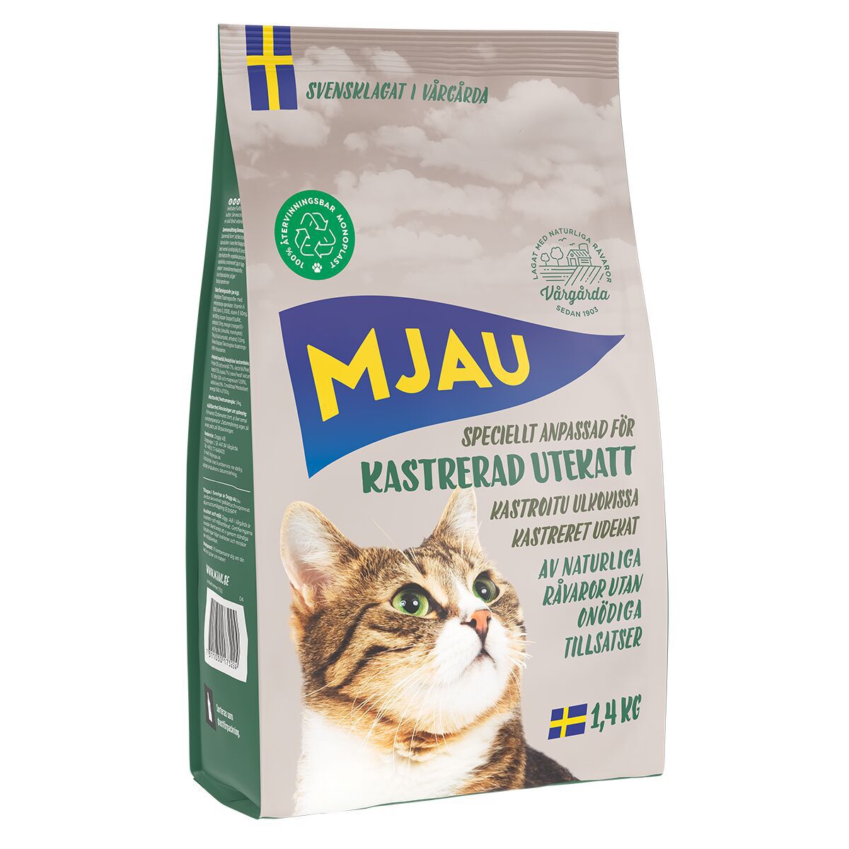 Mjau Kastrert Utekatt Tørrfôr til Katt 1,4 kg - Kattemat til utekatt